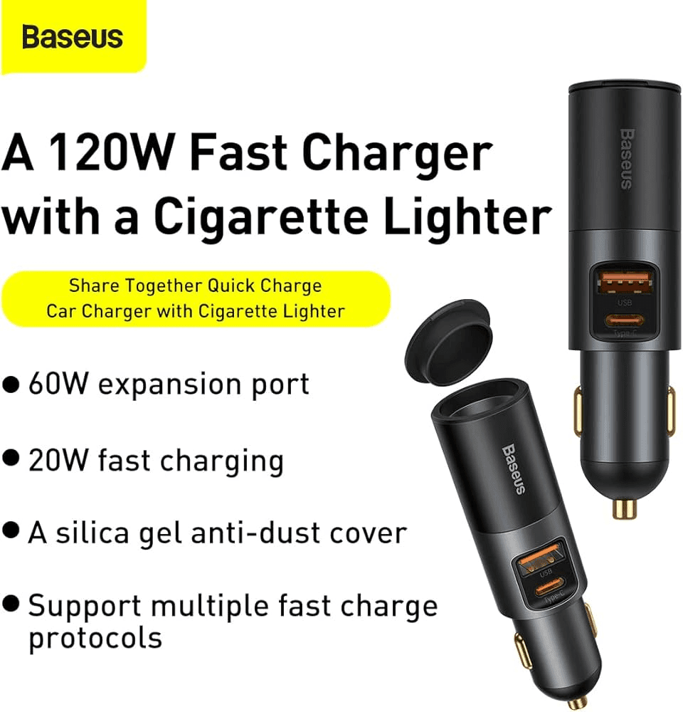Baseus Share Together Fast Charge Car Charger with Cigarette Lighter Expansion Port U+C 120W.