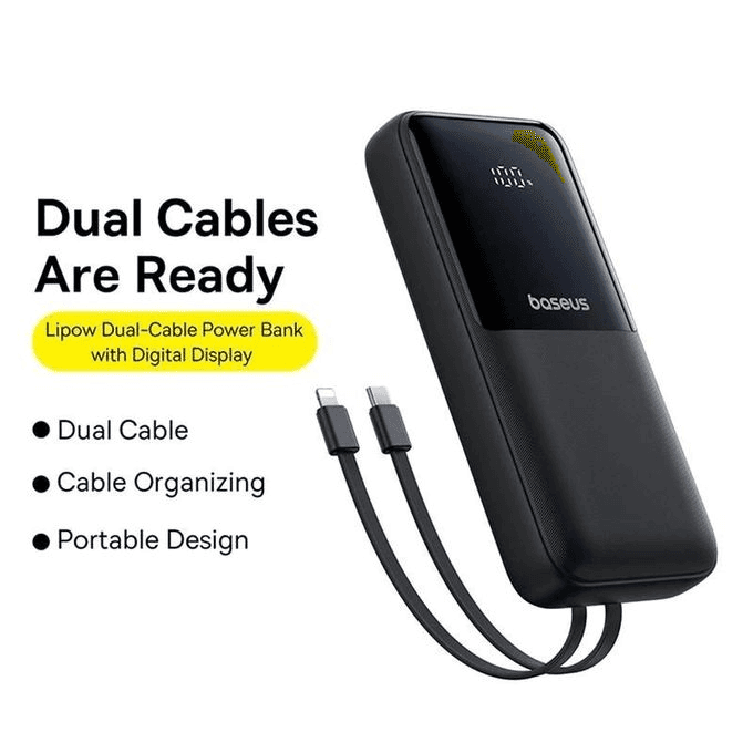 OS-Baseus Lipow Dual cable Power Bank with Digital Display (20000mAh, 22.5W)