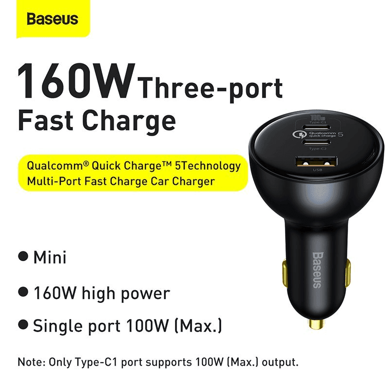 Baseus Qualcomm Quick Charge Multi-Port Fast Charge Car Charger C+C+U 160W.